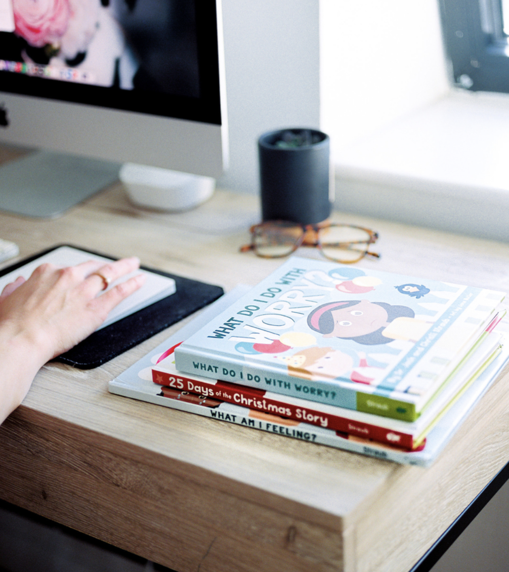 Jane's desk with illustrated children's books
