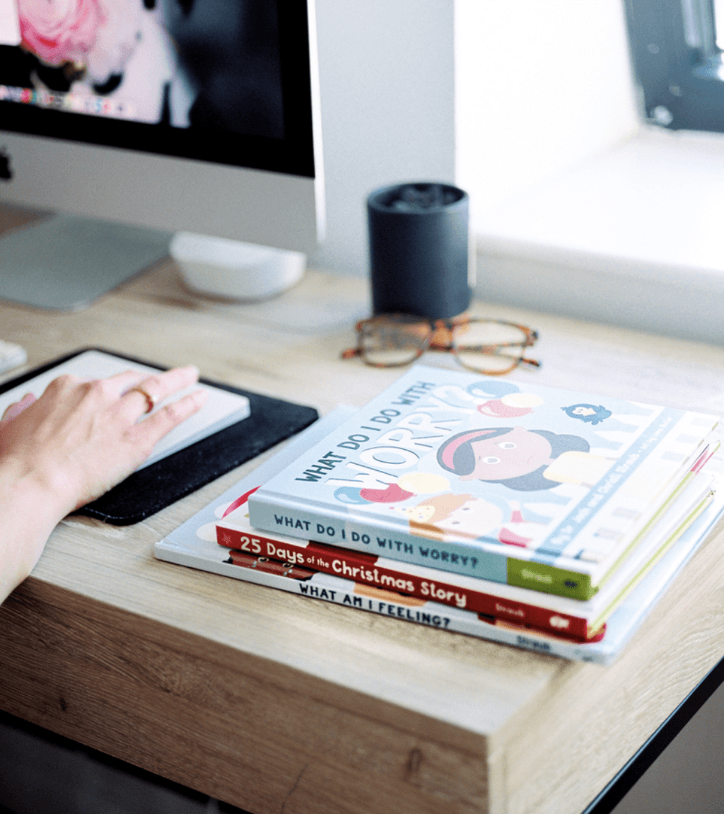 Jane's desk with illustrated children's books